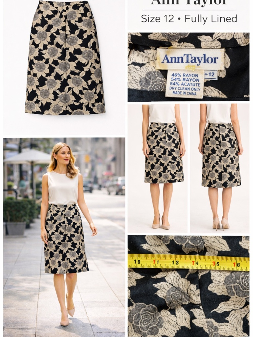 Ann Taylor Floral A-Line Skirt Size 12 Black Cream Fully Lined Career Classic - Picture 6 of 14